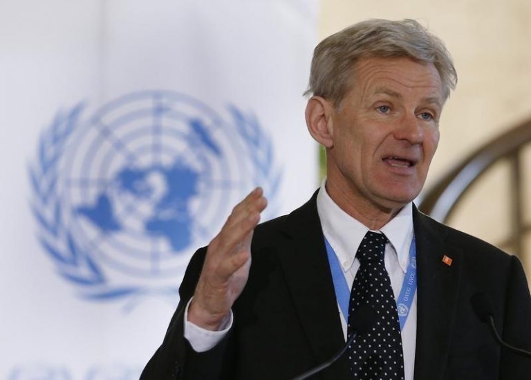 Special advisor to the United Nations Special Envoy for Syria Egeland addresses a news conference after a meeting of the Task Force for Humanitarian Access in Geneva