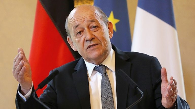 French Defence Minister Le Drian speaks at the French Defence Ministry in Paris