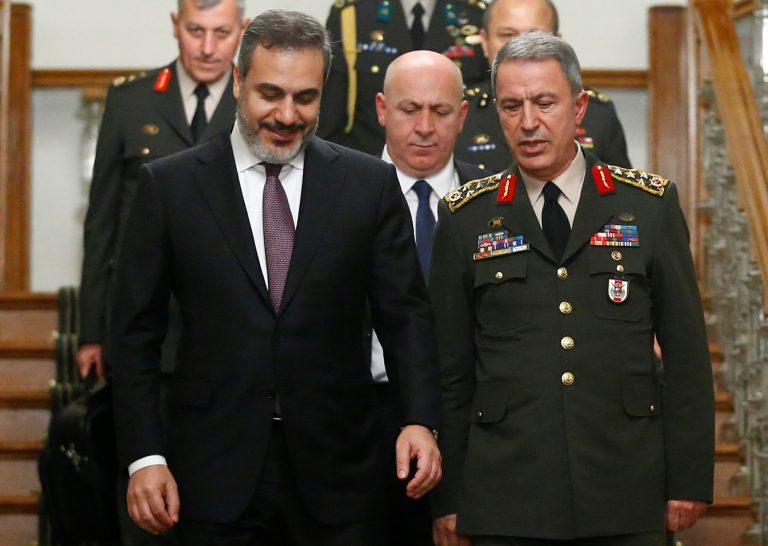 Turkey's Chief of Staff General Akar and Turkish intelligence chief, Fidan leave after a meeting with Russian delegation in Istanbul