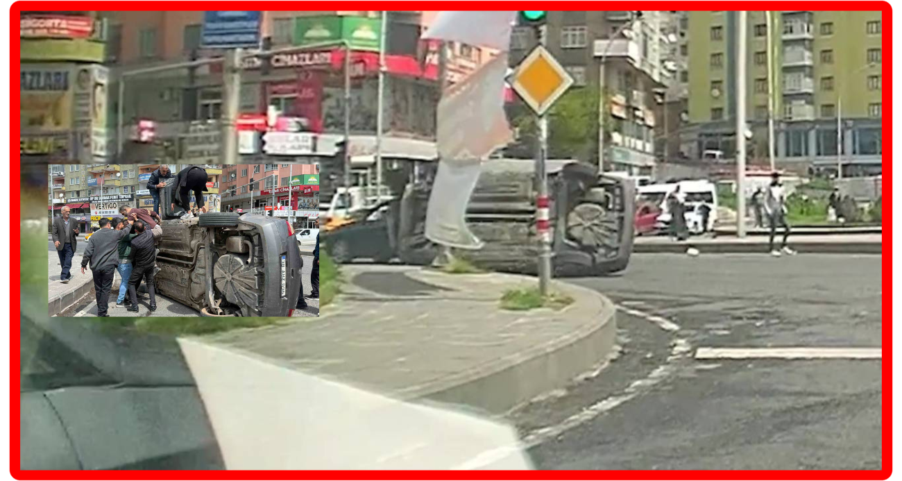 كاميرة سيارة توثق لحظة اصطدام سيارة بالرصيف وانقلابها جانبياً في ديار بكر (فيديو)