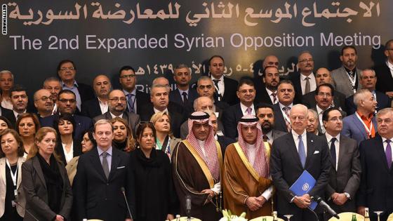 Saudi Minister of the Arabic Gulf affairs Thamer al-Sabhan (C), Saudi Minister of Foreign Affairs Adel al-Jubeir (C-R) and UN special envoy for Syria crisis Staffan de Mistura (3rd L) pose for a group picture during the Syrian opposition meeting in Riyadh, on November 22, 2017. / AFP PHOTO / FAYEZ NURELDINE (Photo credit should read FAYEZ NURELDINE/AFP/Getty Images)